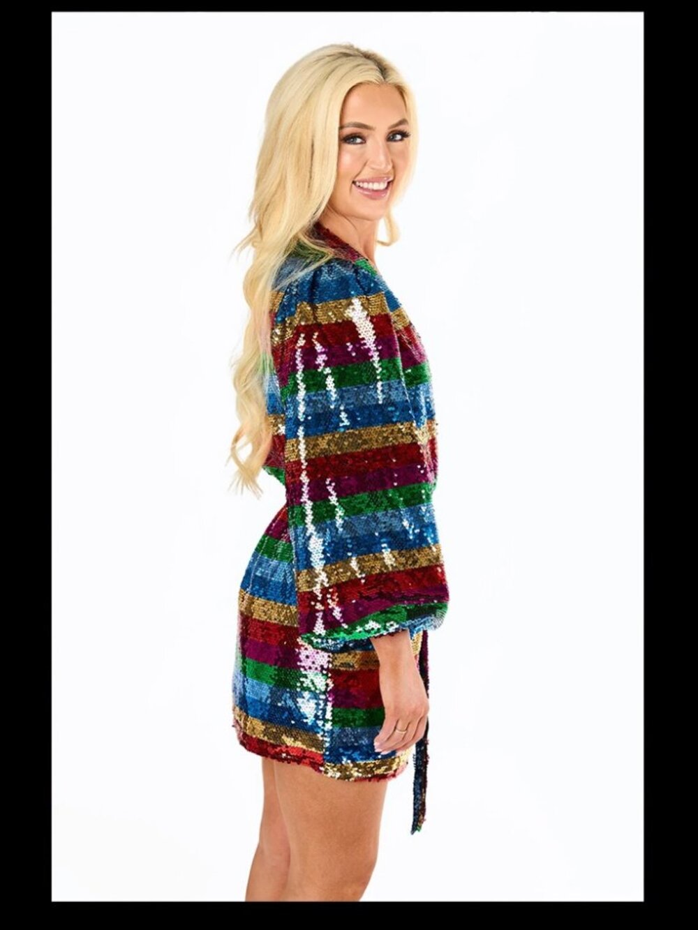 NWT Buddy Love Adeline Rainbow Stripe Sequin Mini Wrap Dress Sz XL - Picture 4 of 16